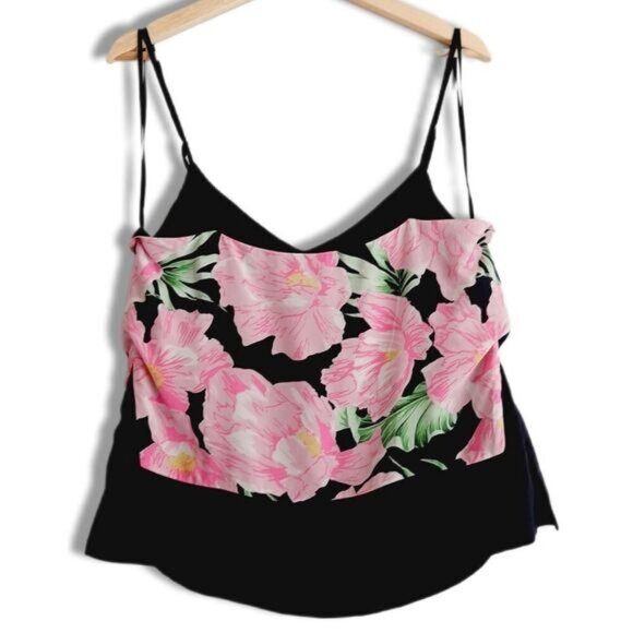 FRENCH CONNECTION 100% Silk Spaghetti Strap Tank Top Floral Pink & Black Sz 8 - Picture 7 of 11